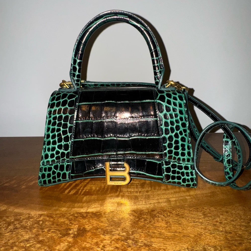Balenciaga Hourglass Green and Black Croc-Embossed Calfskin Leather Handbag (S) - Picture 6 of 8